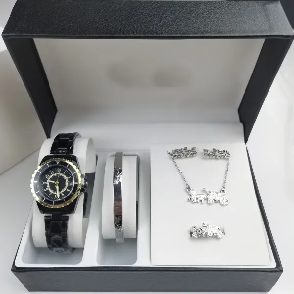 Design Horse Carriage Jewelry Set Black Gold Watch Bracelet Necklace - 1