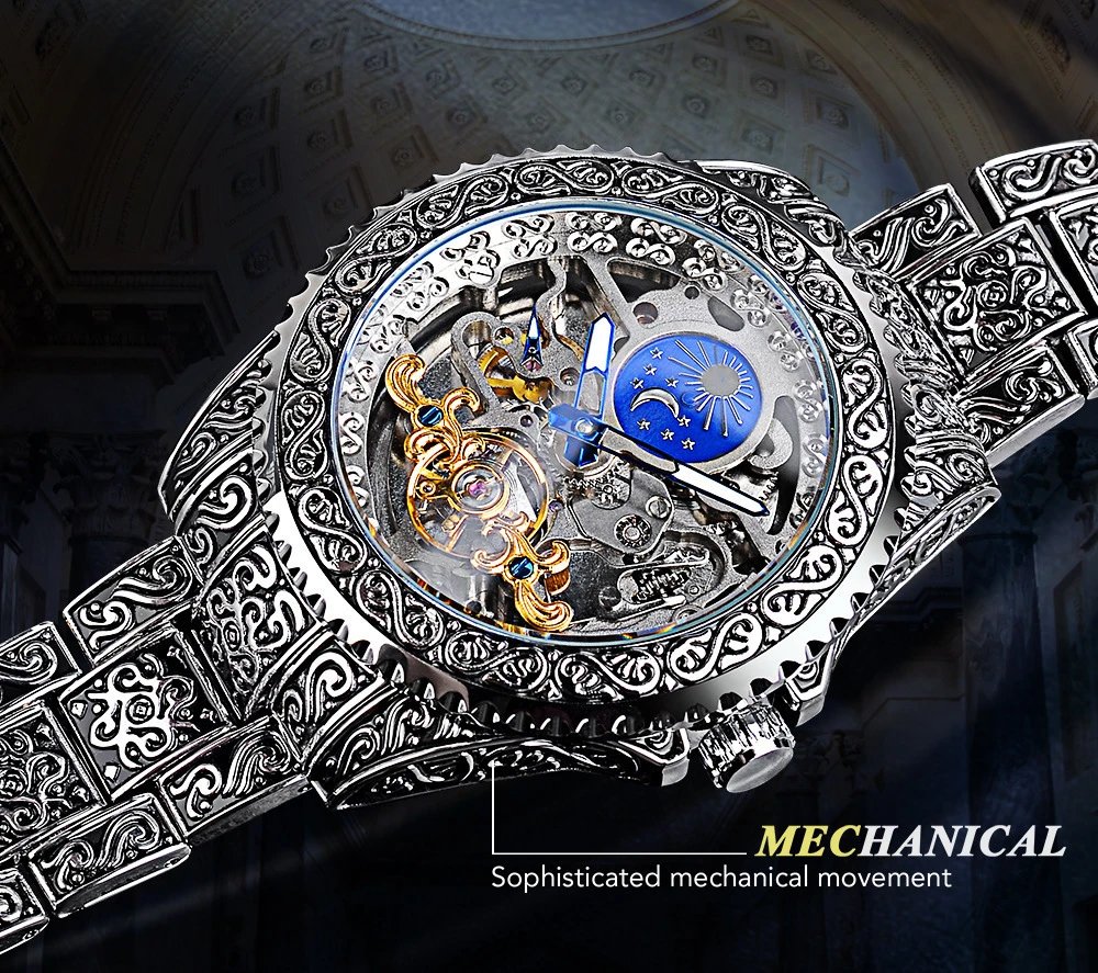 Design Forsining Skeleton Moon Phase Mechanical Watch Gold Silver Blue Watches - 20