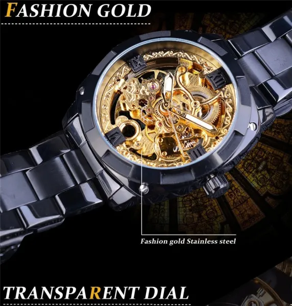 Design FORSINING Skeleton Mechanical Watch Black Steel Watches - 23