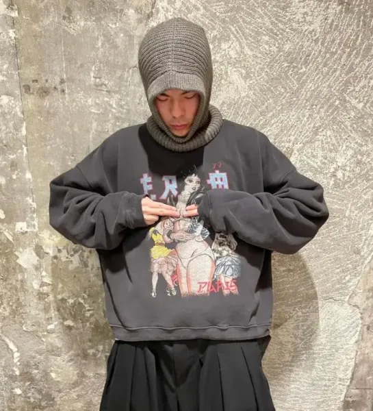 Design Manga Print Cropped Sweatshirt Black Hoodie - 6