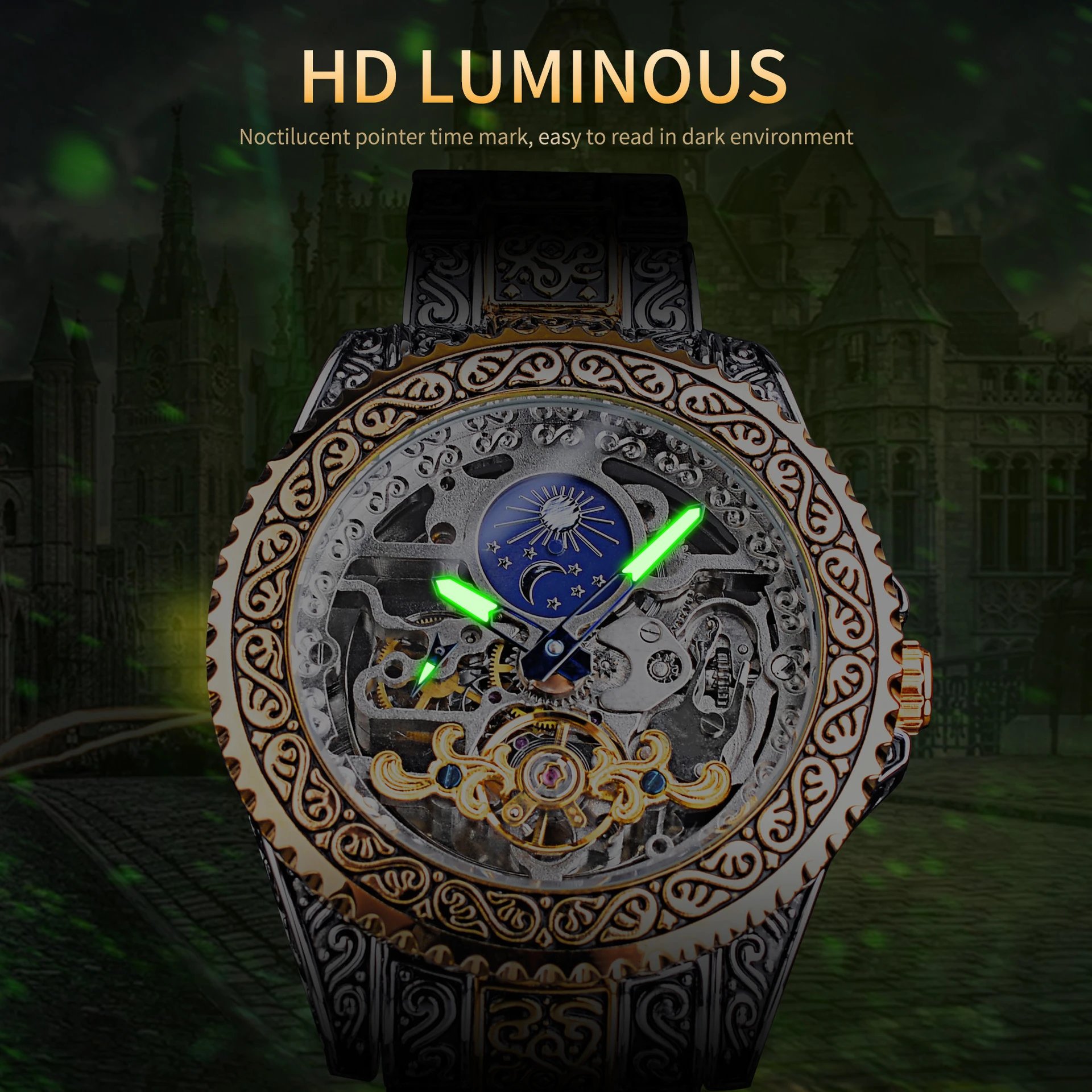Design Forsining Skeleton Moon Phase Mechanical Watch Gold Silver Blue Watches - 8