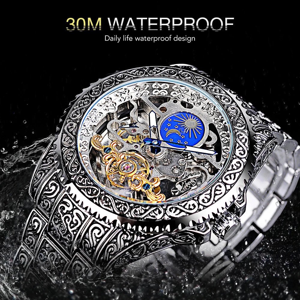 Design Forsining Skeleton Moon Phase Mechanical Watch Gold Silver Blue Watches - 16