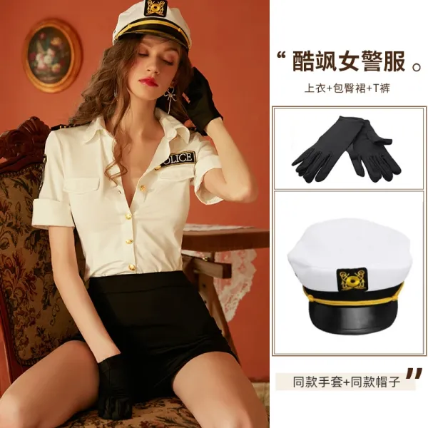Design Police Uniform Costume Set White + Black Gloves + Cap - 1