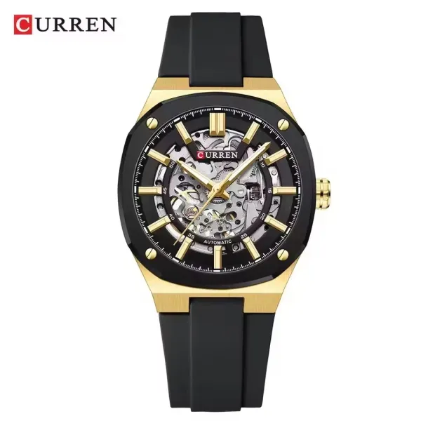 Design Curren Skeleton Automatic Watch Black Gold Watches - 1