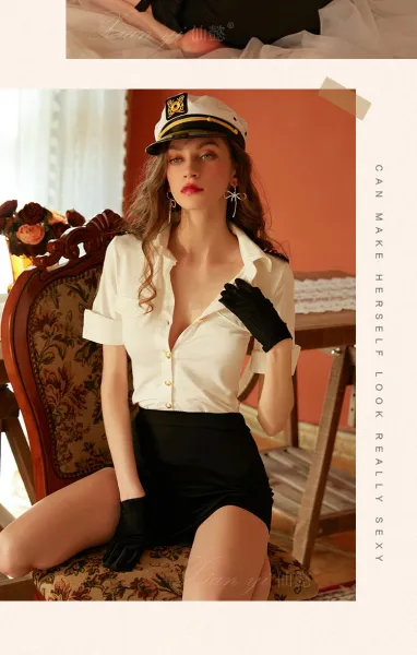 Design Police Uniform Style Shirt and Mini Skirt Set with Sheer Open-Crotch Thigh-High Stockings - 19