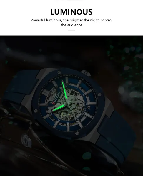 Design Curren Skeleton Automatic Watch Black Gold Watches - 7