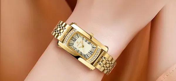 Design Reward Rectangular Crystal-Embellished Gold Tone Watch Watches - 16