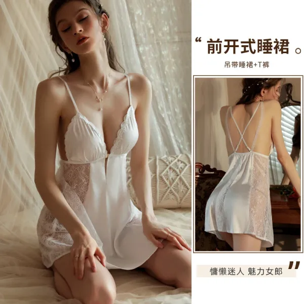 Design Front-Open Sleepwear Set White Lace Sleepwear - 1