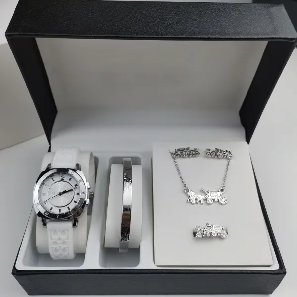 Design Horse Carriage Set White Silicone Watch + Silver Bracelet + Necklace Accessories - 1