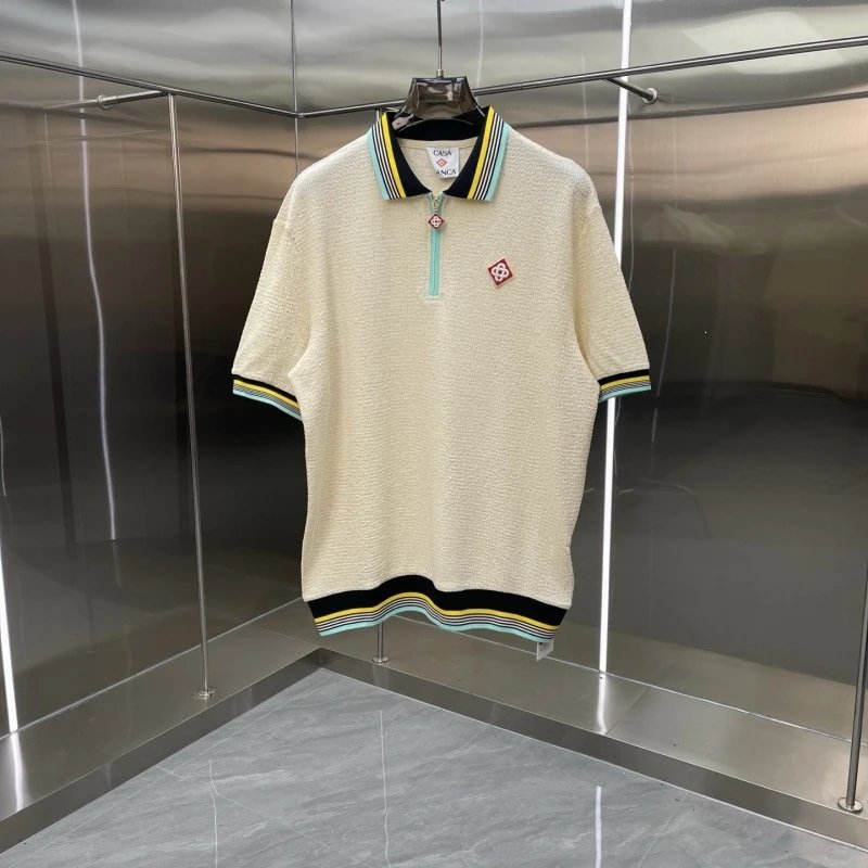 Casa Polo Shirt Beige with Striped Trim and Logo Embroidery Polo