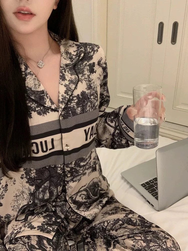 Dior Toile de Jouy Print Sleepwear Set White / Black - 6