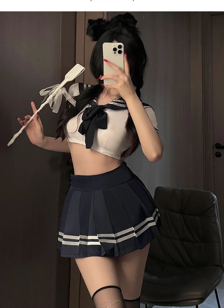 Design Sailor-Style Crop Top + Pleated Skirt Set Navy White - 8