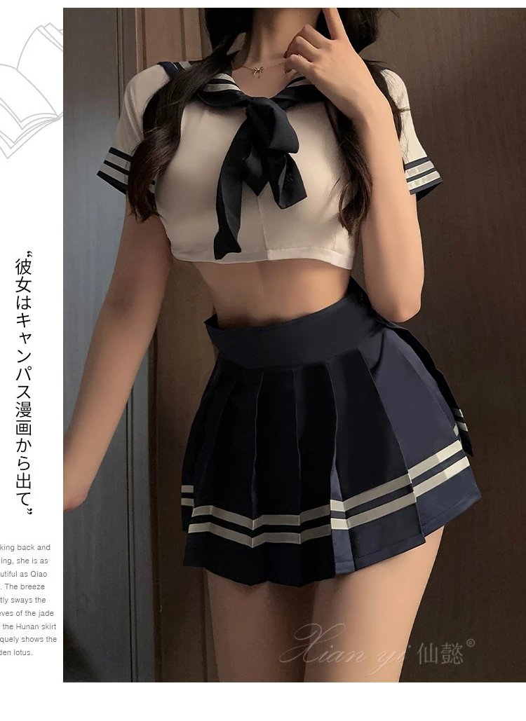 Design Sailor-Style Crop Top + Pleated Skirt Set Navy White - 13