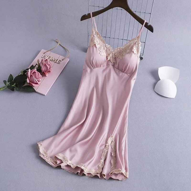 Design Lace Trim Satin Slip Dress Pink Sleepwear