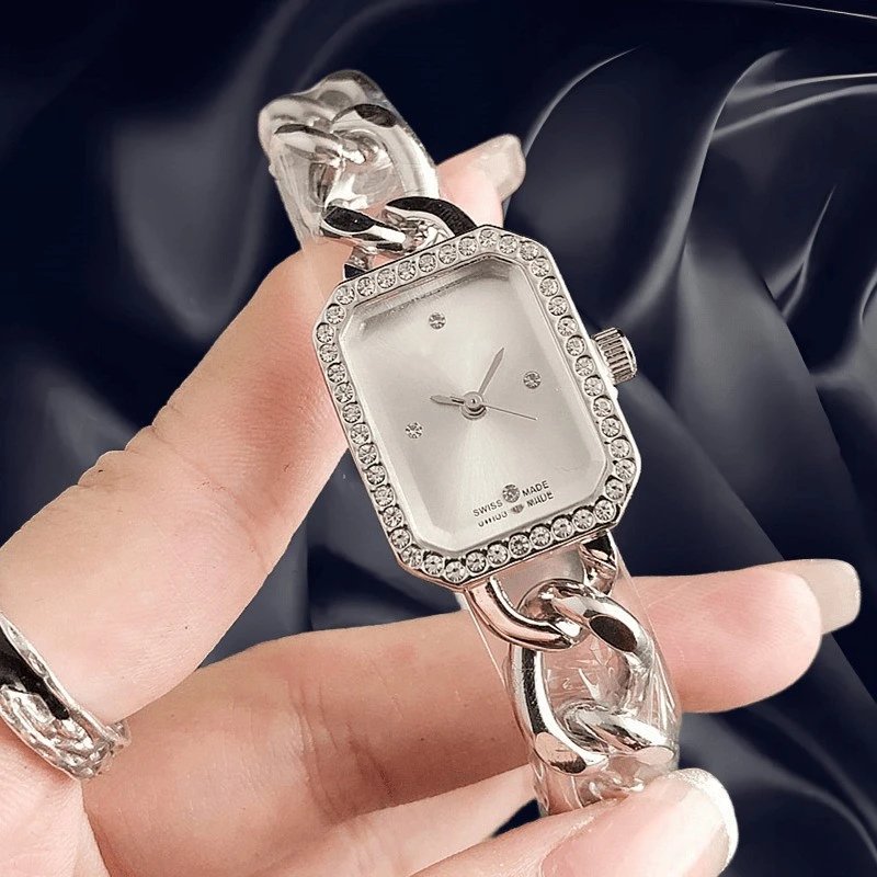 Design Rectangular Crystal-Embellished Gold-Tone Chain Watch Black Dial Watches - 2