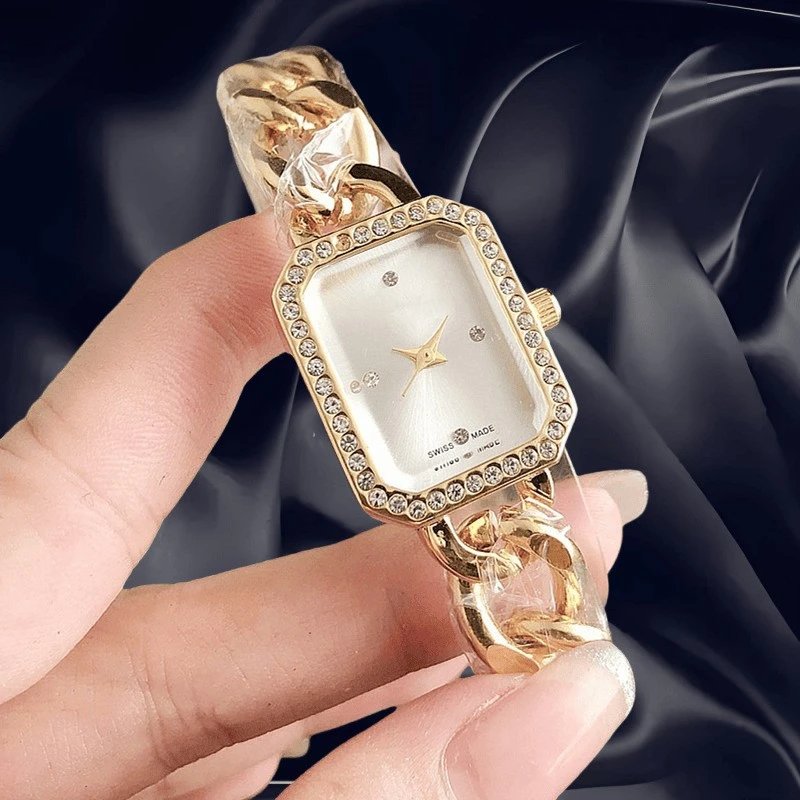 Design Rectangular Crystal-Embellished Gold-Tone Chain Watch Black Dial Watches - 4