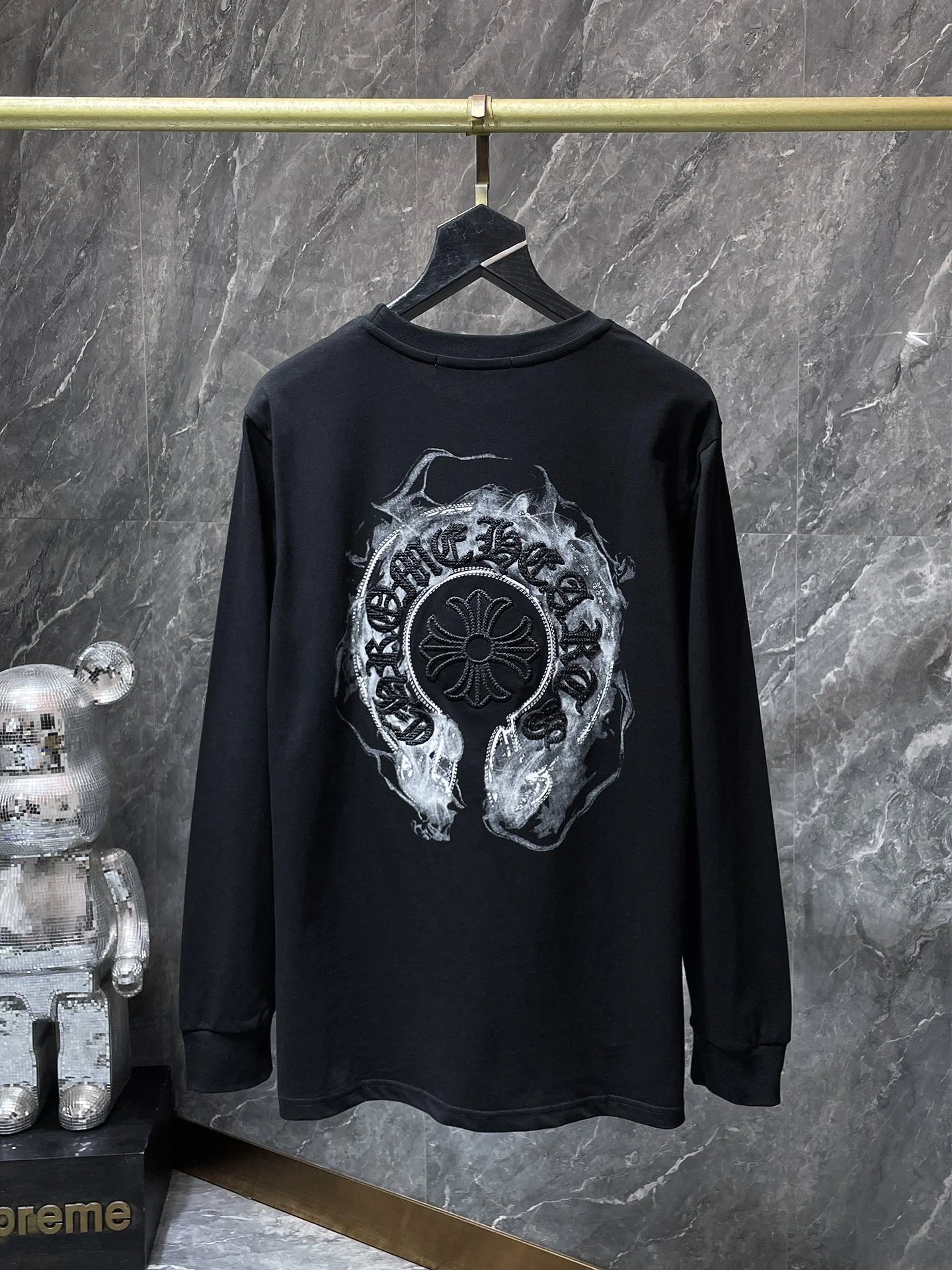 Chrome Hearts Long Sleeve Tee Black Flame Embroidered Logo T-Shirts - 1