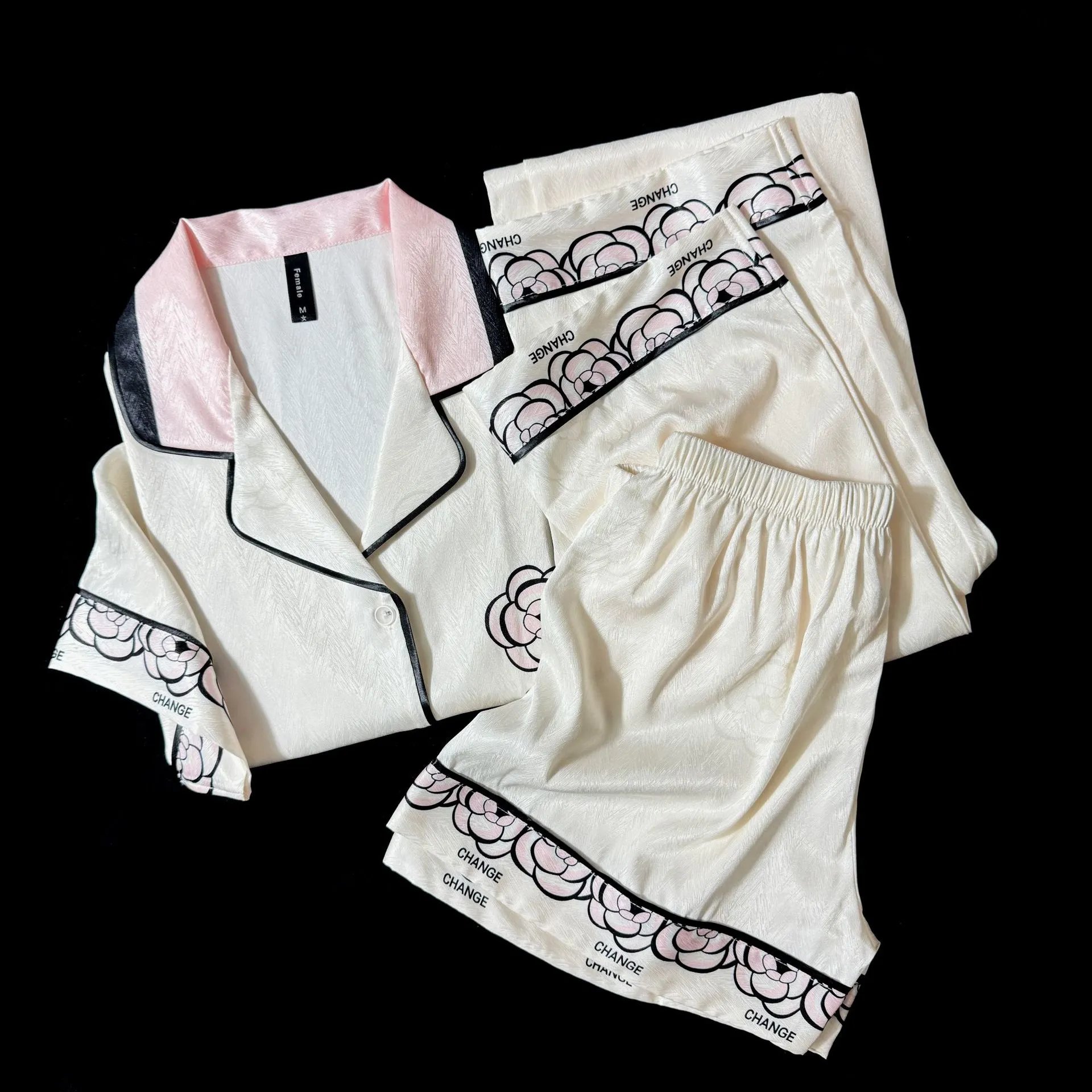 Design CHANGE Floral Embroidered Satin Pajama Set Ivory Sleepwear - 12
