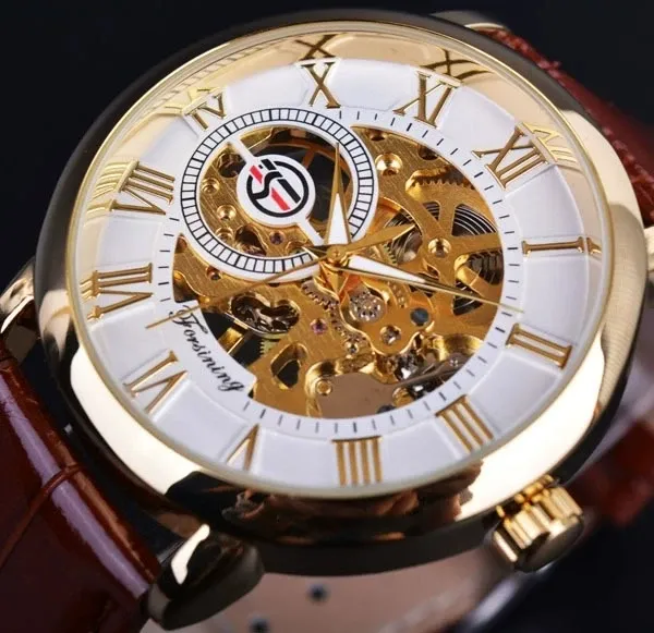 Design Fosining Skeleton Mechanical Watch Gold White Leather Strap Watches - 1