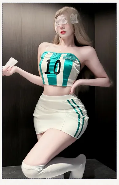 Design #850 Green + White Roleplay Set with Thigh-High Socks - 7