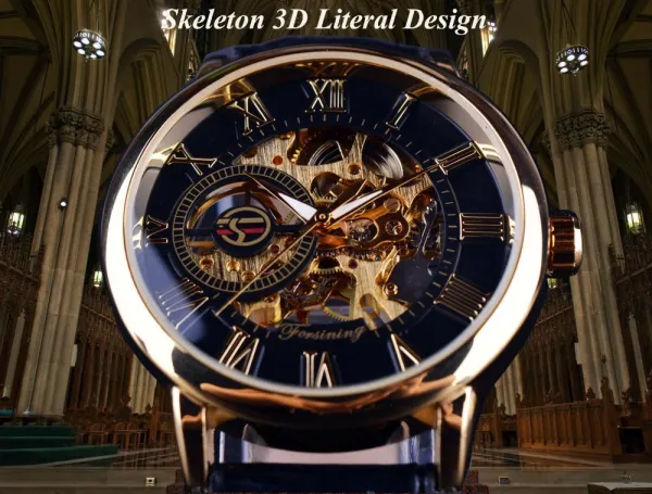 Design Fosining Skeleton Mechanical Watch Gold White Leather Strap Watches - 4