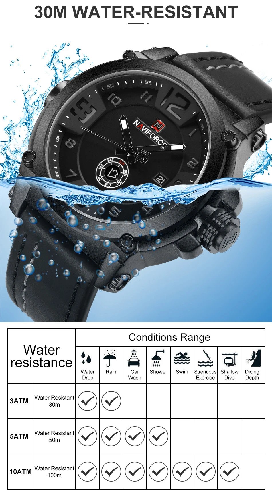 Design NAVIFORCE Military-Style Chronograph Black Dial Brown Leather Strap Watch Watches - 7
