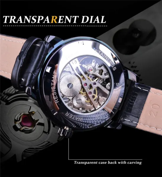 Design Fosining Skeleton Mechanical Watch Gold White Leather Strap Watches - 17