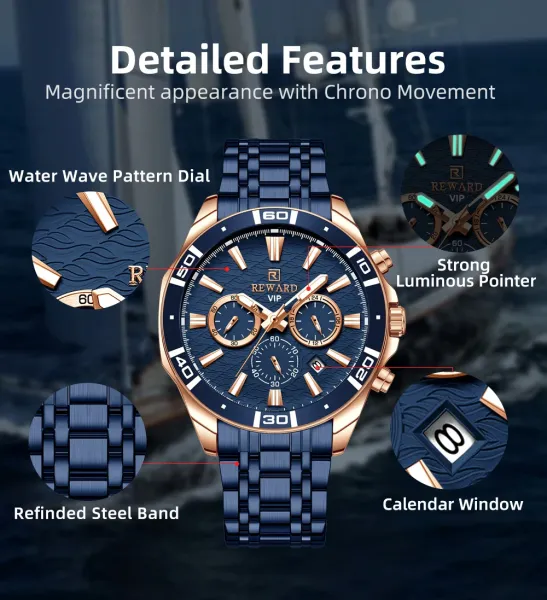 Design Reward VIP Chronograph Black and Blue Steel Watch Watches - 5