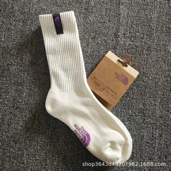 The North Face Ribbed Crew Socks White with Purple Logo - 1