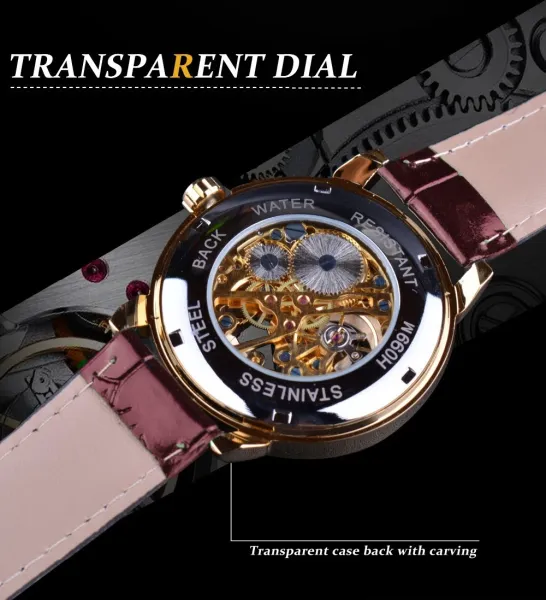 Design Fosining Skeleton Mechanical Watch Gold White Leather Strap Watches - 25