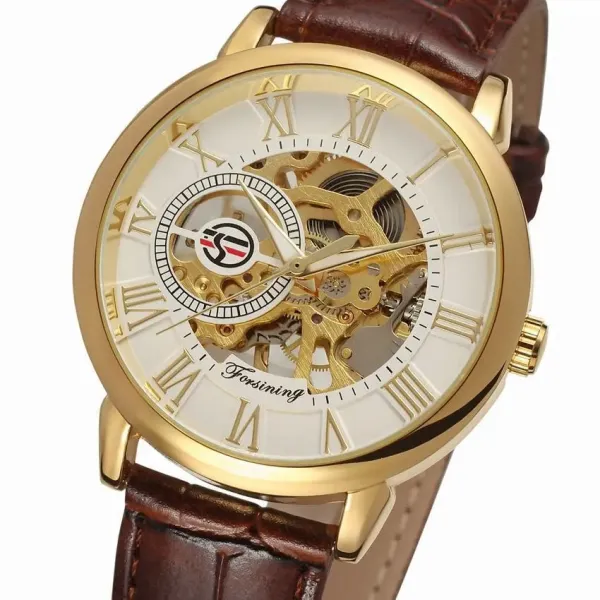 Design Fosining Skeleton Mechanical Watch Gold White Leather Strap Watches - 33