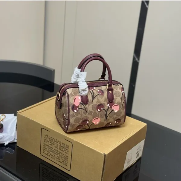 Coach Mini Bowery Floral Print Beige Burgundy Handbag - 1