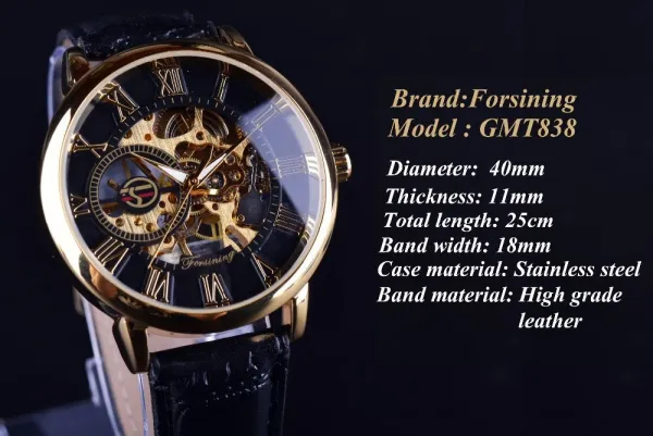 Design Fosining Skeleton Mechanical Watch Gold White Leather Strap Watches - 5