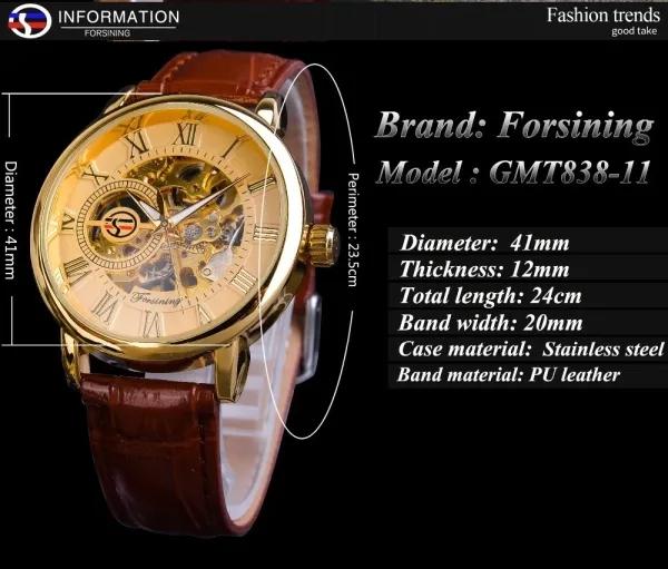 Design Fosining Skeleton Mechanical Watch Gold White Leather Strap Watches - 22