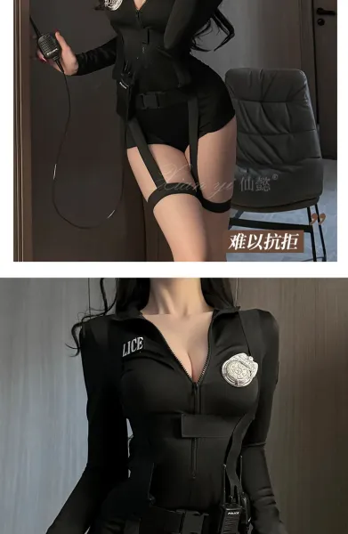Design Police Woman Costume Set Navy Blue Bodysuit with Harness and Walkie-Talkie Dress - 13