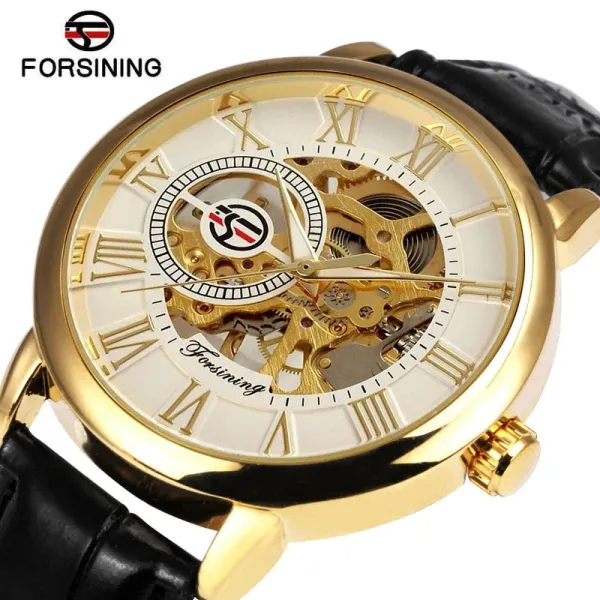 Design Fosining Skeleton Mechanical Watch Gold White Leather Strap Watches - 30