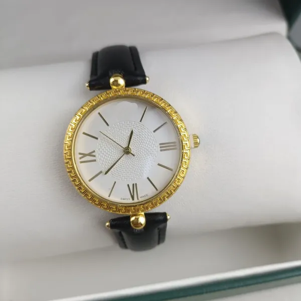 Versace Greca Pattern Gold-Plated Quartz Watch with Black Leather Strap Watches - 1