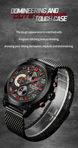 Design NAVIFORCE Chronograph Black Red Mesh Strap Quartz Watch Watches - 14