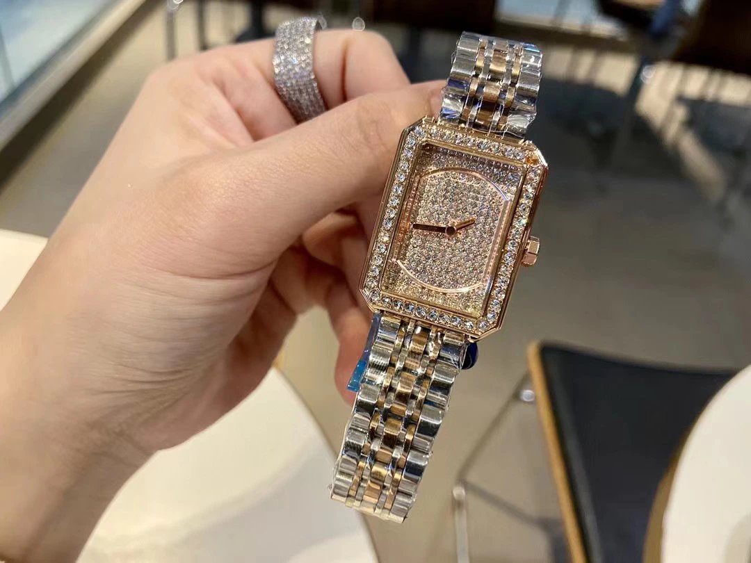 Design Rectangular Crystal-Embellished Stainless Steel Watch Accessories.watches - 7