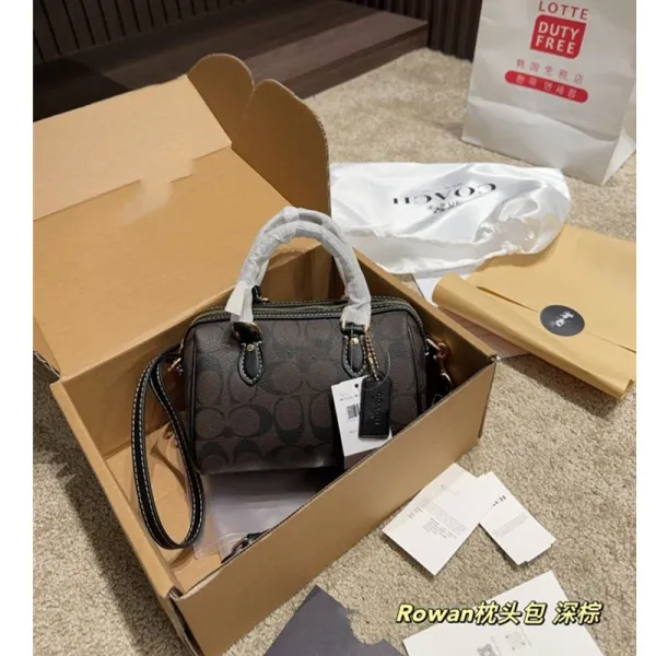 Coach Rowan Mini Boston Bag Dark Brown Signature Canvas Handbag - 1