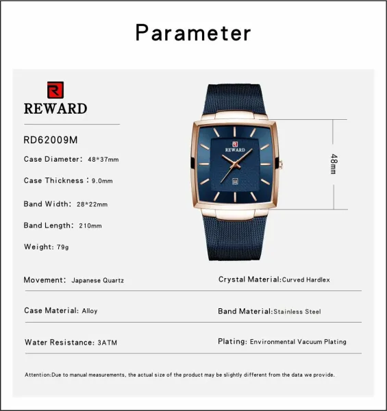 Design Reward Square Case Blue Dial Rose Gold Watch Watches - 6