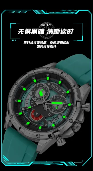 Design MEGIR Chronograph Turquoise Silicone Strap Watch Watches - 5