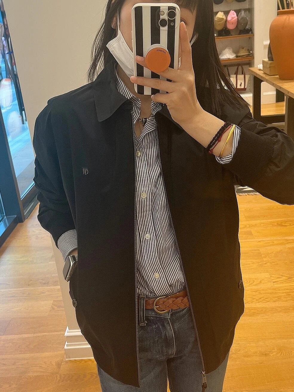 Design Harrington Jacket Black with Striped Shirt Layer Outerwear Jacket - 9