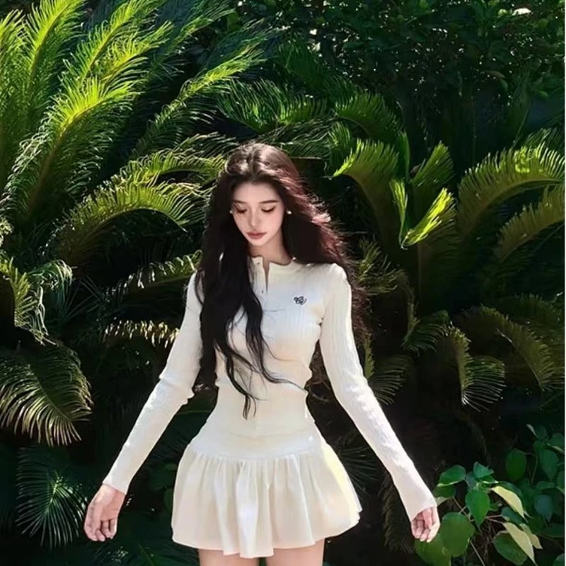 Ribbed Knit Mini Dress with Pleated Skirt in Beige