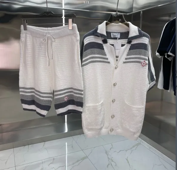 Casablanca Knit Polo and Shorts Set White Navy Striped - 10
