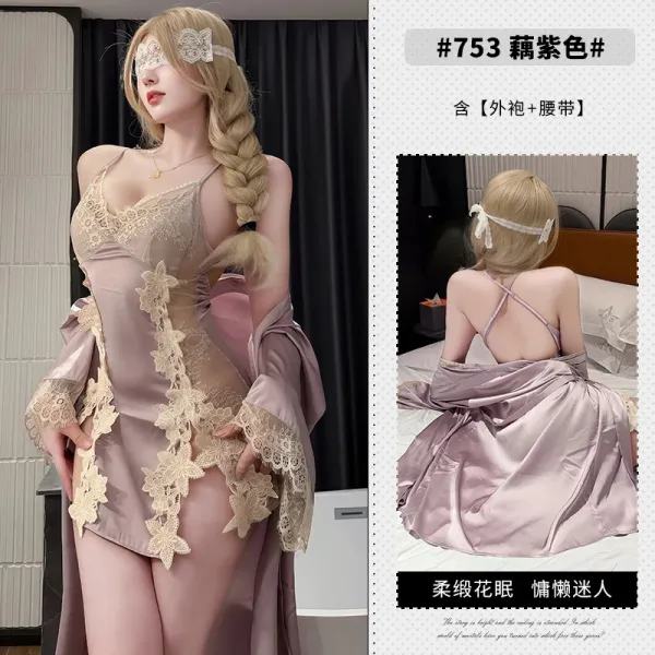Design #753 Lace-Trimmed Satin Sleepwear Set with Robe and Waistband - 1