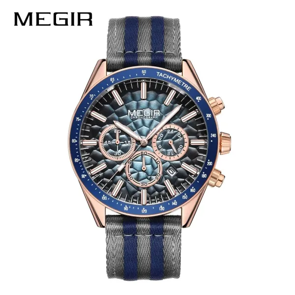 Design MEGIR Chronograph Blue Dial Rose Gold Case Gray-Blue Nylon Strap Watch Watches - 1