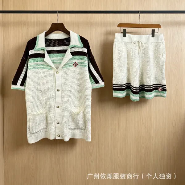 Design Knit Polo Cardigan and Shorts Set in Cream, Brown, and Mint Green - 1