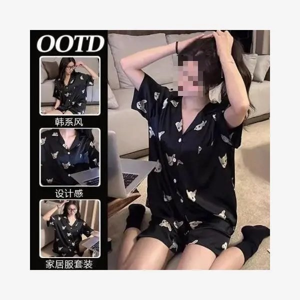 两件套凉感冰丝睡衣女夏季短袖短裤薄款甜美法斗犬少女家居服套装