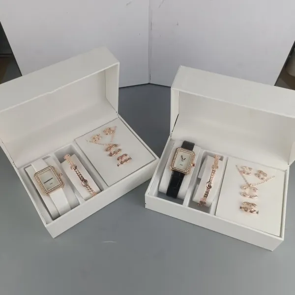 Design Rectangular Crystal-Set Watch and Rose Gold Jewelry Set White Accessories - 2